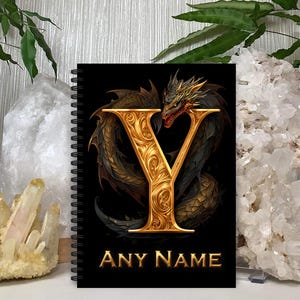 Personalised Dragon Initial Notebook: custom name fantasy notepad. DND. A5, Wirebound, Monogram, Softback