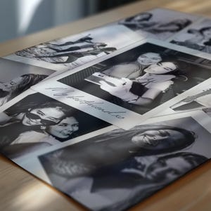 May include: A collection of black and white instant photographs scattered on a surface. One prominent photo features two people posing for a selfie with the handwritten text My bestfriend xo across the bottom white border of the frame.