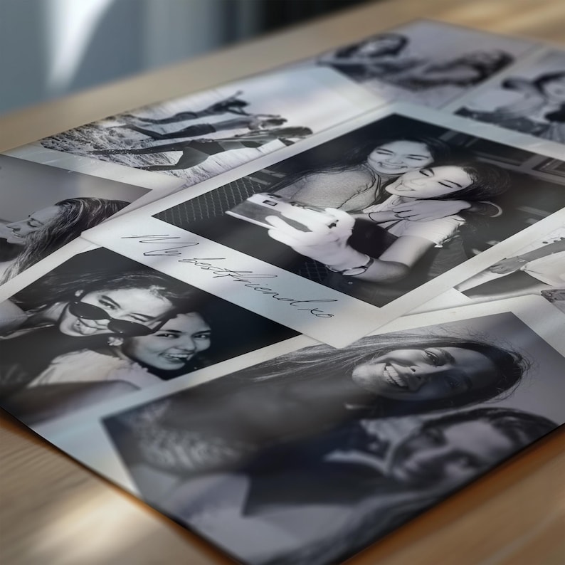 May include: A collection of black and white instant photographs scattered on a surface. One prominent photo features two people posing for a selfie with the handwritten text My bestfriend xo across the bottom white border of the frame.