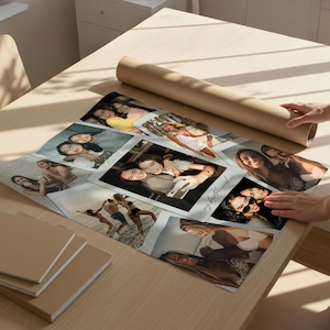 May include: A large rectangular collage print featuring multiple candid photographs of people in various settings, including beach and indoor scenes. The print includes the handwritten script text "my bestfriends" and is displayed on a light wood surface.