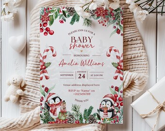 Winter Berry Christmas Personalised Baby Shower Invites – Printed Event Invitations with Envelopes