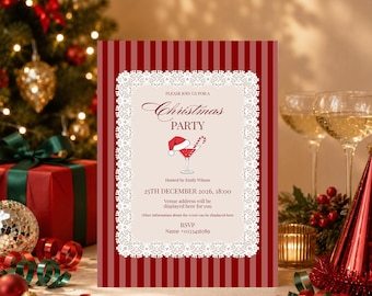 Personalised Christmas Party Invitations, red and green xmas Invites, Printed festive Invite with Envelopes