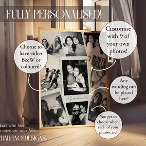 May include: A rectangular photo collage print in a gold frame featuring nine black and white photographs arranged in a grid. The central image is a polaroid-style photo with the handwritten text My bestfriend xo at the bottom. The print includes text overlays.