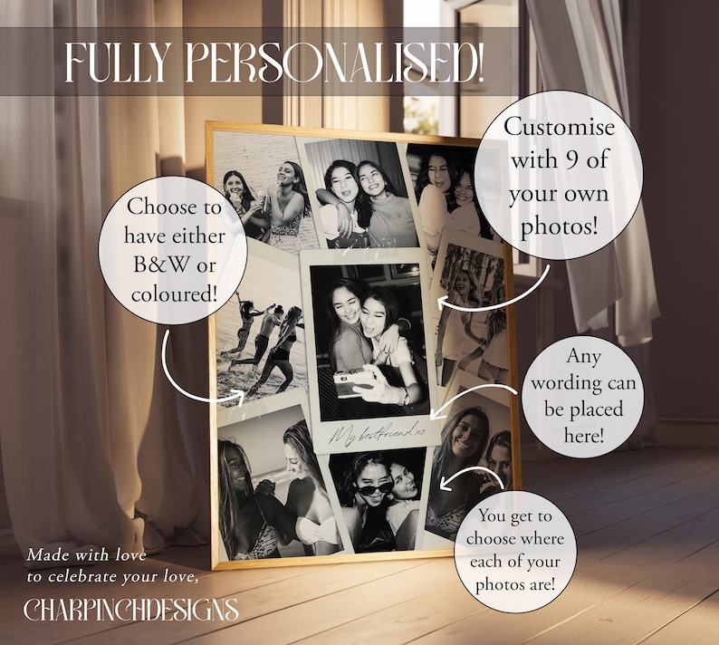 May include: A rectangular photo collage print in a gold frame featuring nine black and white photographs arranged in a grid. The central image is a polaroid-style photo with the handwritten text My bestfriend xo at the bottom. The print includes text overlays.