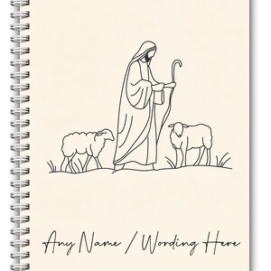 May include: A black and white line drawing of a shepherd with a staff, leading two sheep. The image is on a cream-colored background with the text "Any Name / Wording Here" at the bottom.