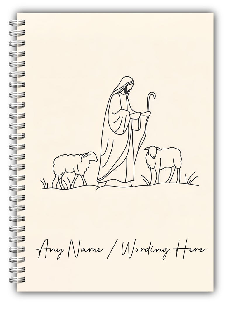 May include: A black and white line drawing of a shepherd with a staff, leading two sheep. The image is on a cream-colored background with the text "Any Name / Wording Here" at the bottom.