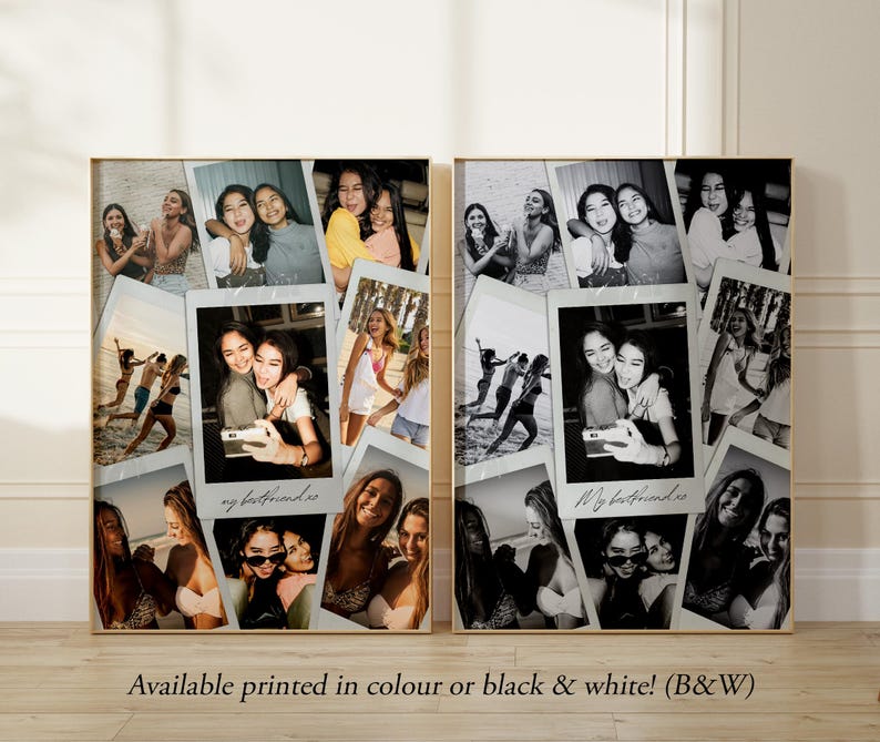 May include: Two rectangular wall art prints featuring a collage of various photographs of friends, with one print in full color and the other in black and white. The text "my bestfriend xo" is printed on the central photo of each collage.