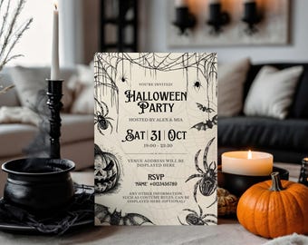 Personalised Halloween Party Invitations, vintage style Invites, Printed spiders, bats, pumpkin, Invite with Envelopes