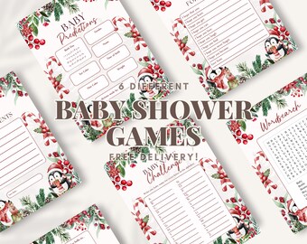 Winter Christmas Baby Shower Games Set – 6 Fun Party Activities (Physical Cards)