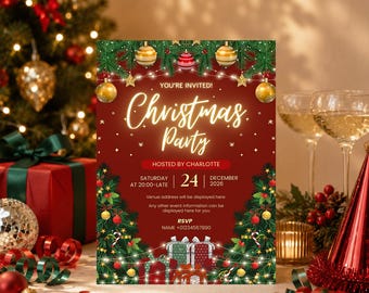 Personalised Christmas Party Invitations, red and green xmas Invites, Printed festive Invite with Envelopes