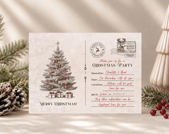 Personalised Christmas Party Invitations, Vintage Postcard style, formal xmas Invites, Printed festive Invite with Envelopes