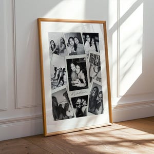 May include: A rectangular wooden frame containing a collage of black and white photographs. The central image is a polaroid-style print with the handwritten text My bestfriend xo. The collage features various candid shots of people posing together.