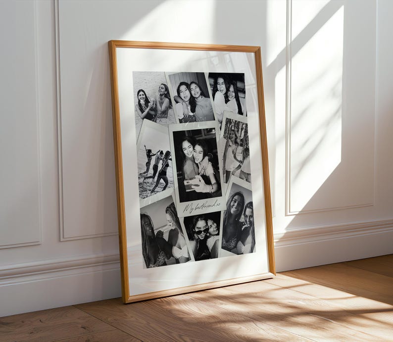 May include: A rectangular wooden frame containing a collage of black and white photographs. The central image is a polaroid-style print with the handwritten text My bestfriend xo. The collage features various candid shots of people posing together.
