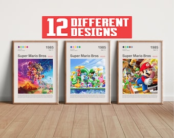 May include: Three framed posters with a retro design featuring the Super Mario Bros. video game. Each poster has a different image of Mario and his friends, including Luigi, Peach, and Toad. The posters are all white with a black border and have the text "Super Mario Bros." and "1985" printed on them.