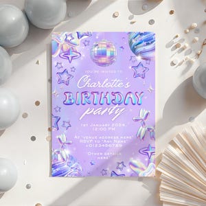Personalised Pastel Holographic Y2K Birthday Party Invitations, Iridescent Invites, Printed Birthday Invite with Envelopes image 1