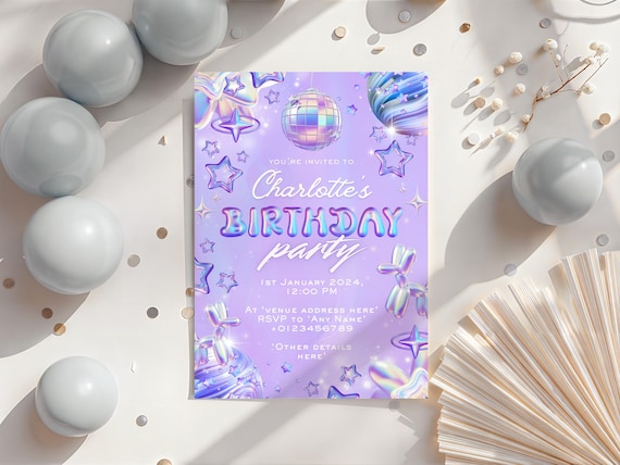 Personalised Pastel Holographic Y2K Birthday Party Invitations, Iridescent Invites, Printed Birthday Invite with Envelopes