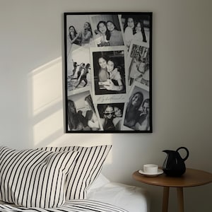 May include: A black framed wall collage featuring multiple black and white photographs arranged in a polaroid style. The central image includes the handwritten text My bestfriends in cursive script. The collection displays various candid moments of people.