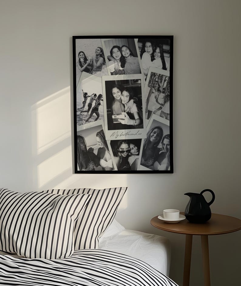 May include: A black framed wall collage featuring multiple black and white photographs arranged in a polaroid style. The central image includes the handwritten text My bestfriends in cursive script. The collection displays various candid moments of people.