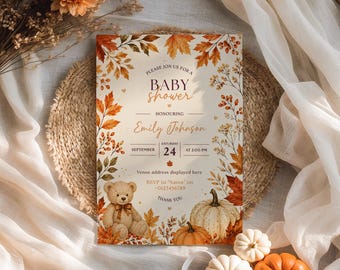 Autumn Pumpkin Teddy Personalised Baby Shower Invites – Printed Event Invitations with Envelopes