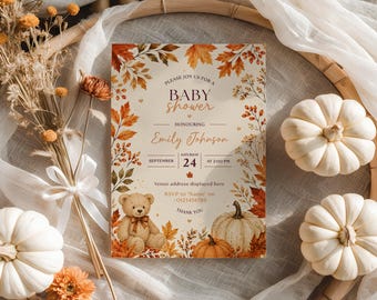 Personalised Pumpkin Teddy Baby Shower Invite, Custom Digital Party Invite, Professionally personalised by seller