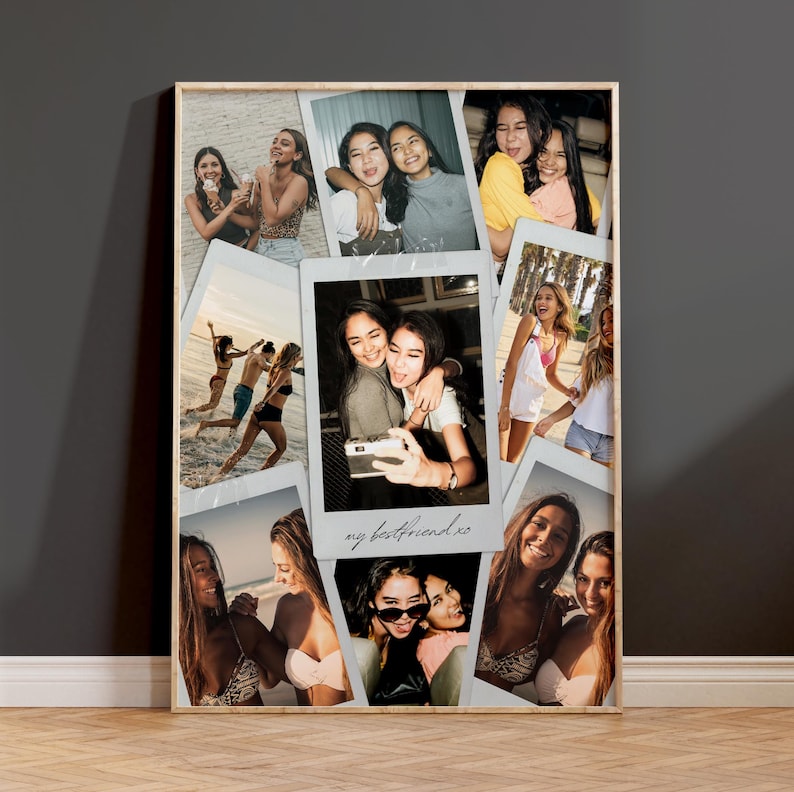 May include: A vertical photo collage print featuring multiple candid snapshots of friends in various settings, including beach scenes and indoor portraits. The central image is framed like a white polaroid with the handwritten text my bestfriend xo.