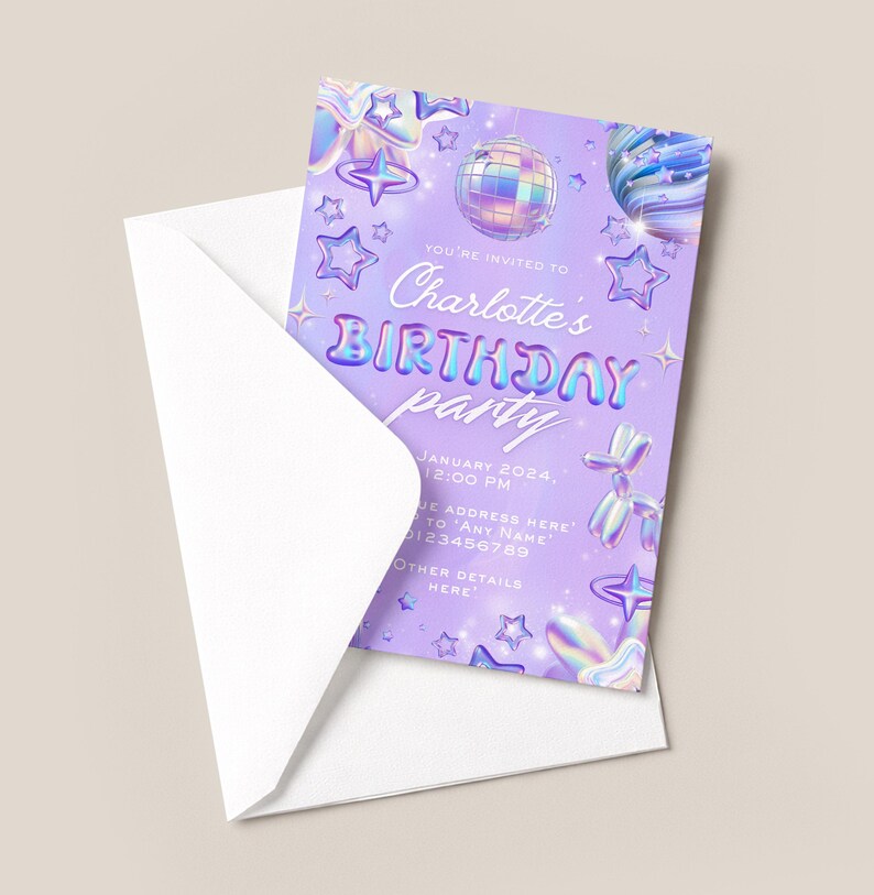 Personalised Pastel Holographic Y2K Birthday Party Invitations, Iridescent Invites, Printed Birthday Invite with Envelopes image 3