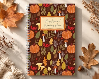 Personalised A5 Autumn Notebook: custom name notebook. Cosy Autumn Leaves and Pumpkins, Softback, wire-bound