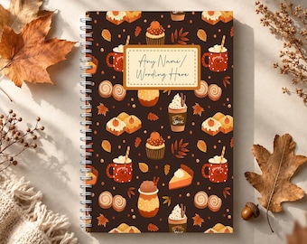 Personalised A5 Autumn Notebook: custom name notebook. Cosy Autumn Leaves and Pumpkins, Softback, wire-bound