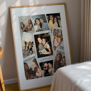 May include: A large rectangular wall art print in a thin gold frame featuring a collage of multiple candid photographs of friends. The central image includes the handwritten text "my bestfriend xo" at the bottom, showcasing various outdoor and indoor scenes.