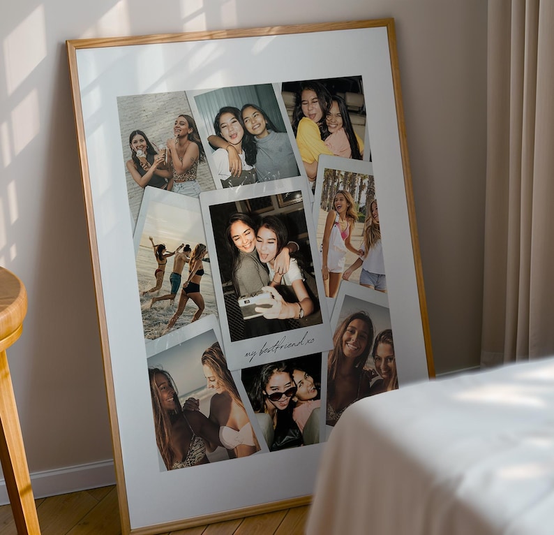 May include: A large rectangular wall art print in a thin gold frame featuring a collage of multiple candid photographs of friends. The central image includes the handwritten text "my bestfriend xo" at the bottom, showcasing various outdoor and indoor scenes.