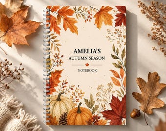 Personalised A5 Autumn Notebook: custom name notebook. Cosy Autumn Leaves and Pumpkins, Softback, wire-bound