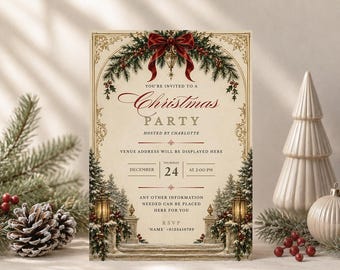 Personalised Vintage Christmas Party Invitations, formal xmas Invites, Printed festive Invite with Envelopes