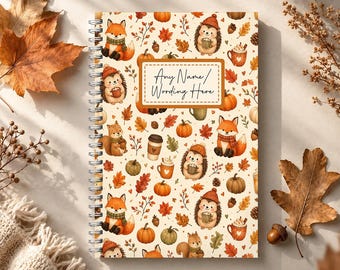 Personalised A5 Autumn Notebook: custom name notebook. Cosy Fox & Hedgehog, Leaves and Pumpkins, Softback, wire-bound