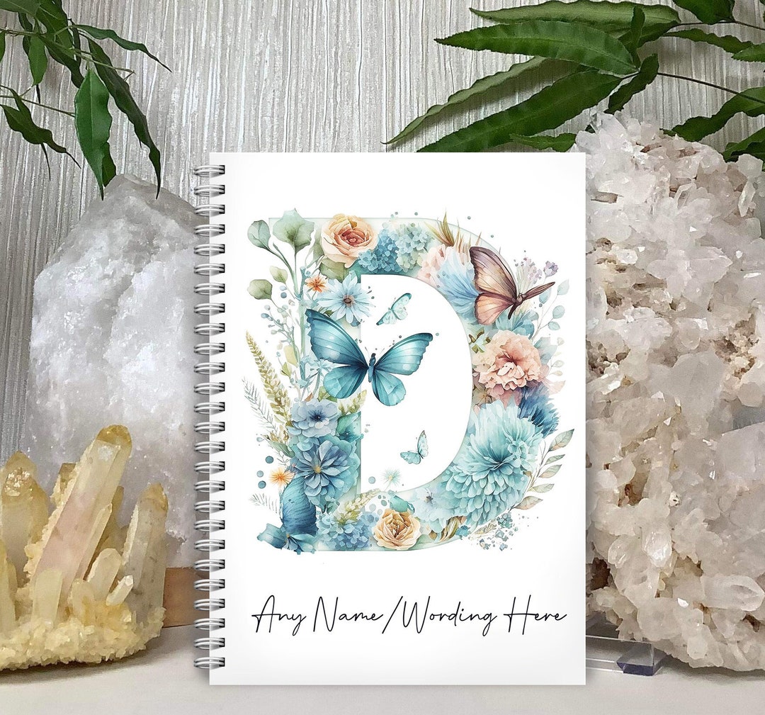 Personalised Blue Floral Butterfly Notebook: Monogram Initial A5 ...