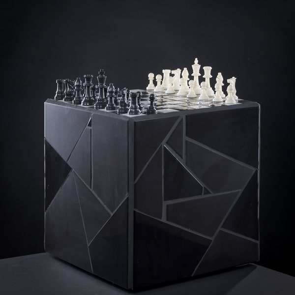 Cube carrelé avec damier, table de jeu d échecs, table basse, table d'appoint ou bout de canapé