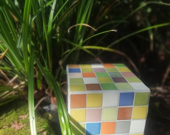 Small tangy checkerboard Cube, harness, plant holder, bookend or garden decoration