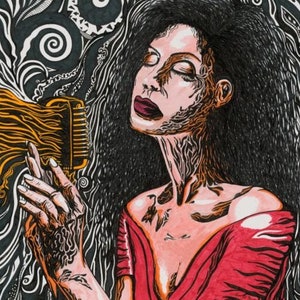 May include: A woman with long black hair sings into a vintage microphone. The background is a black and white abstract design.