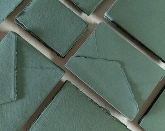 Pack of 10 Forest Green Deckle Edge Paper & Handmade Cotton Rag Envelopes - Assorted Sizes, Deep Green Stationery, Paper Cotton, share