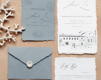 Sea Beach Theme Wedding Invitation Set A6 or 5x7 Handmade Deckle Edge Cotton Paper and Envelope Multiple Colors Print at Home Invitation Set