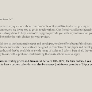 May include: Text on a light beige background. The text reads: "How to order?" followed by information about products, custom orders, handmade wax seals, and bulk order discounts. The seals have a peel-and-stick backing.