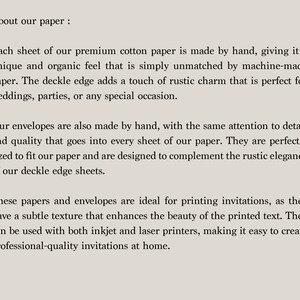 May include: Text on a beige background reads "About our paper." The text describes premium cotton paper made by hand with a unique feel and deckle edges, ideal for invitations. Envelopes are also handmade.