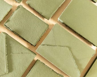 Pack of 10 Olive Green Deckle Edge Paper & handmade Cotton Rag Envelopes- Assorted Sizes, Green Stationery, Papier Coton, invitation