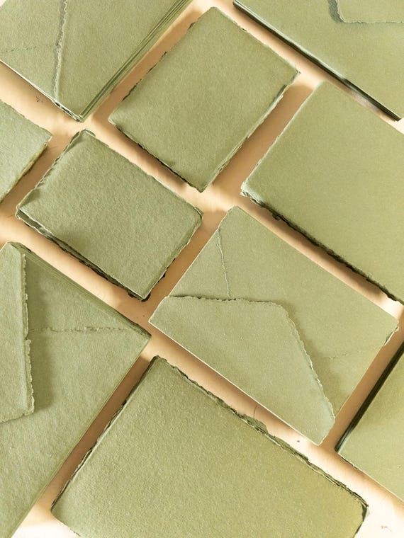 Pack of 10 Olive Green Deckle Edge Paper & handmade Cotton Rag Envelopes- Assorted Sizes,  Green Stationery, Papier Coton,faire part