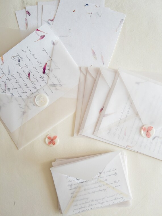 SET OF FIVE, Vellum Envelopes With Handmade Paper,asterflower