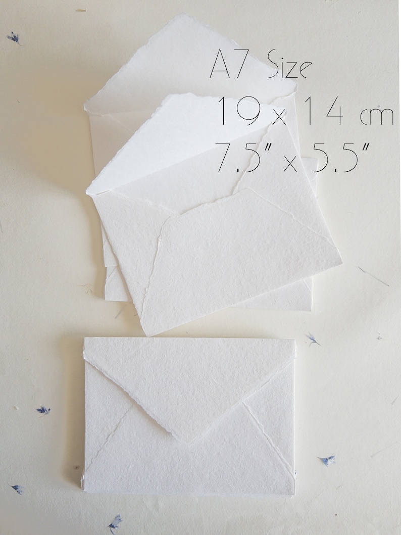 Pack of 10 Assorted sizes WHITE DECKLE EDGE Paper, multiple sizes Handmade paper and envelope, Handmade Cotton Rag Envelopes, papier coton image 6