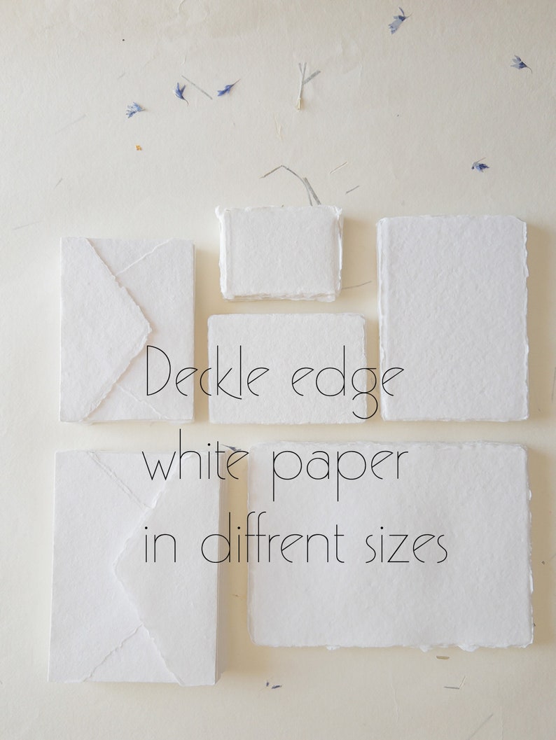 Pack of 10 Assorted sizes WHITE DECKLE EDGE Paper, multiple sizes Handmade paper and envelope, Handmade Cotton Rag Envelopes, papier coton image 2