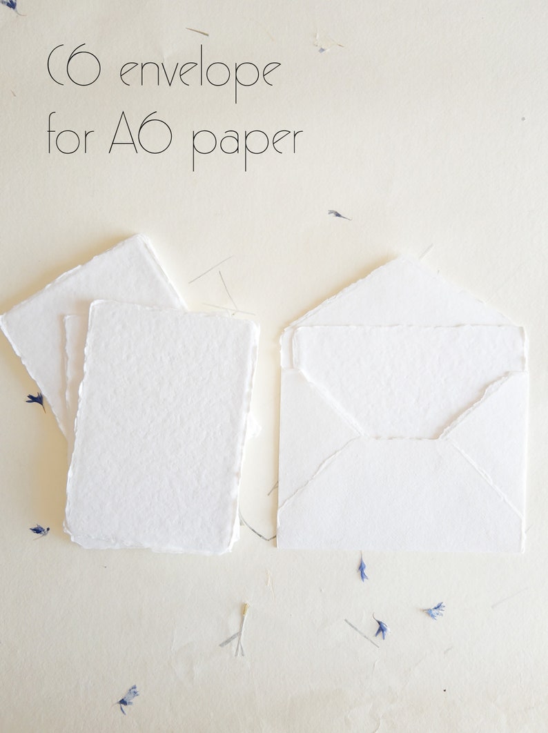 Pack of 10 Assorted sizes WHITE DECKLE EDGE Paper, multiple sizes Handmade paper and envelope, Handmade Cotton Rag Envelopes, papier coton image 7