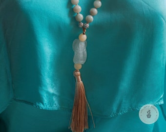 54-grain Mala-style necklace of green Burmese jade and peach jade with matching earrings - Gift for Her