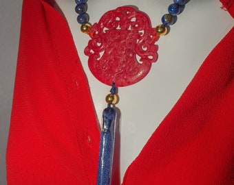 Exquisite 10mm Lapis Lazuli Beads Necklace & Matching Earrings with Red Chinese Lucky Medallion - Gift for Her