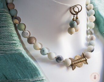 Ethnic Inspired Frosted Amazonite Matching Necklace and Earrings with Bronze Spiral African Pearl - Gift for Her